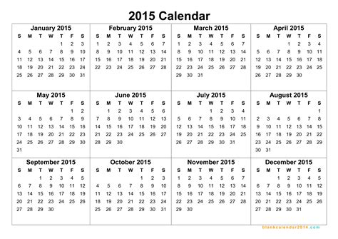 one page year calendar 2015