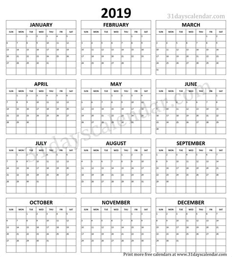one page yearly calendar 2019