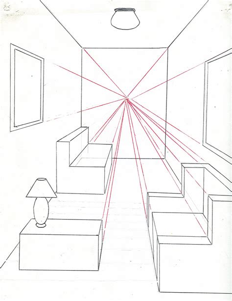 one point perspective drawing from floor plan