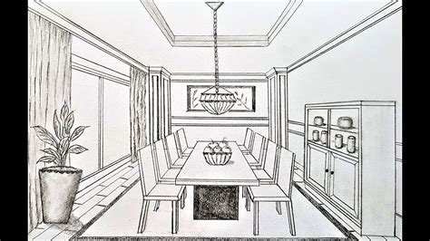 one point perspective drawing of dining room