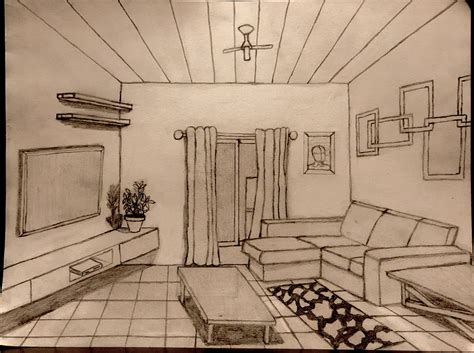 one point perspective living room sketch
