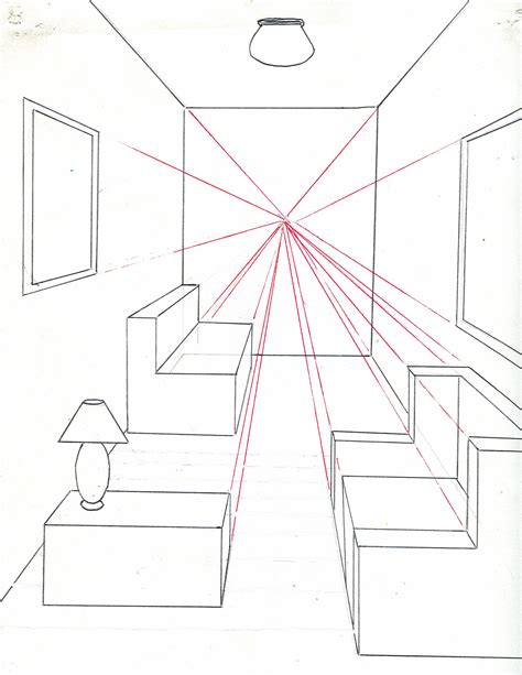 one point perspective room drawing step by step