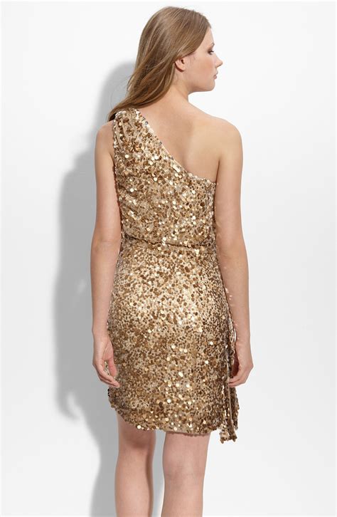 one shoulder gold sequin dress