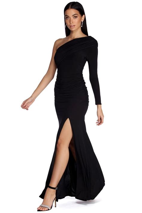 one shoulder long black dress