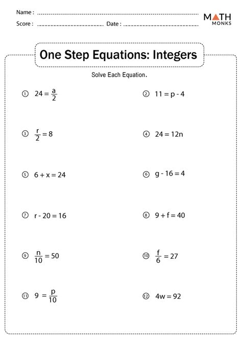 One Step Algebraic Equations Worksheet