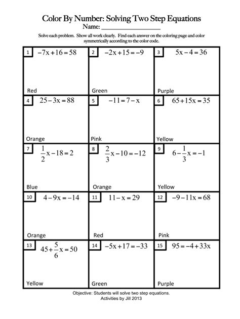 one step equation coloring sheet