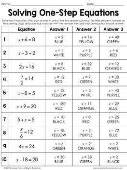 one step equation coloring sheets