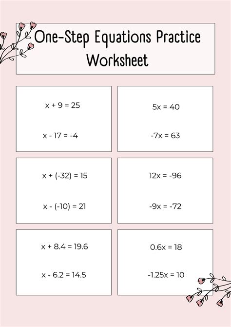 one step equations practice printable template