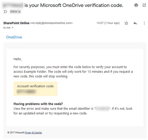 onedrive verification code not received