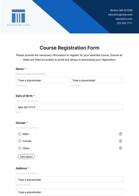 online course registration form template