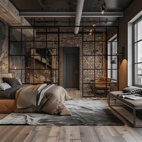 Open shelving in industrial bedroom