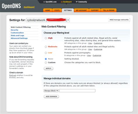 opendns dashboard settings web content filtering