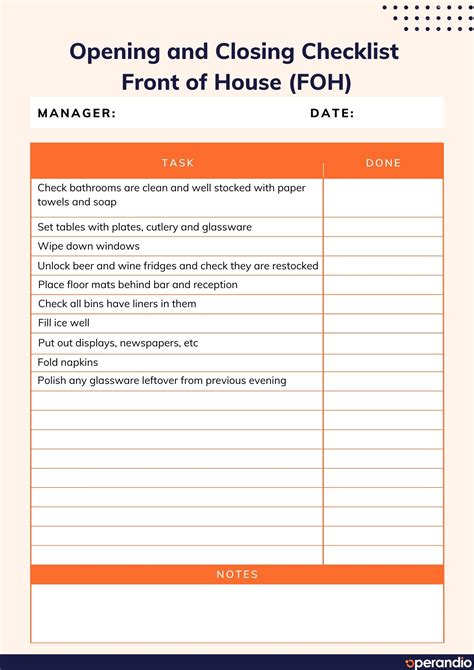 opening and closing checklist template