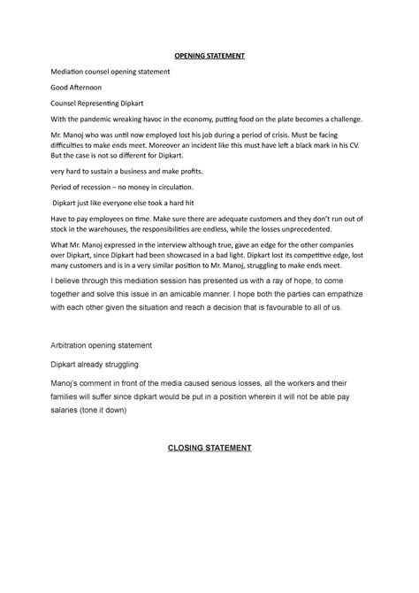 opening statement for mediation competition
