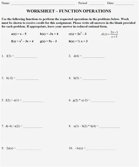 operations on functions worksheet grade 11
