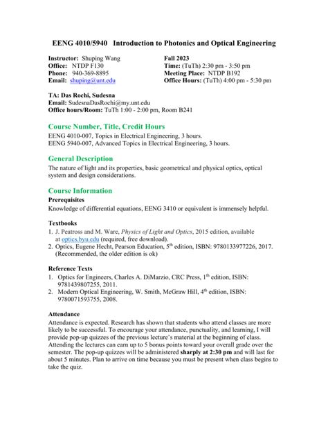 Optical Engineering Syllabus