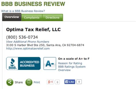 optima tax relief bbb review