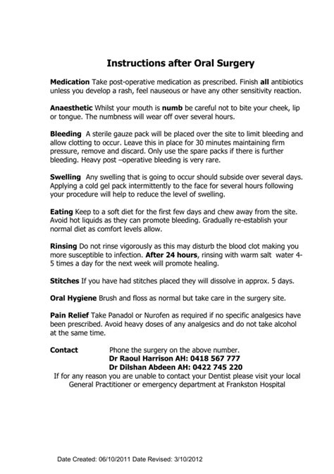 Oral Surgery Instructions