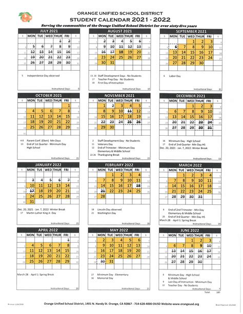 Orange Unified School District Calendar