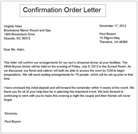 Order confirmation letter