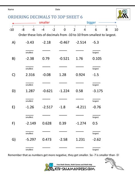 ordering integers fractions and decimals worksheet