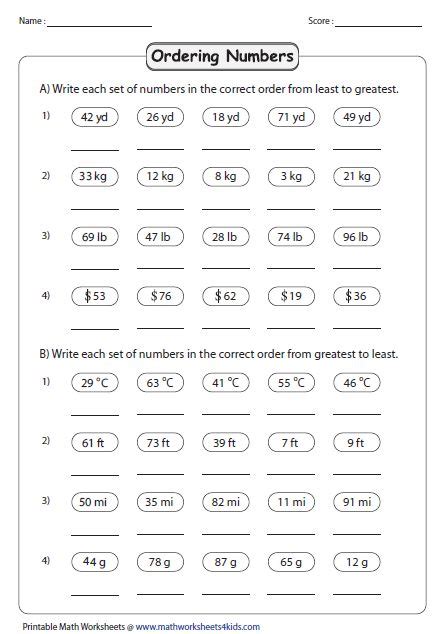 ordering real numbers worksheet with answers