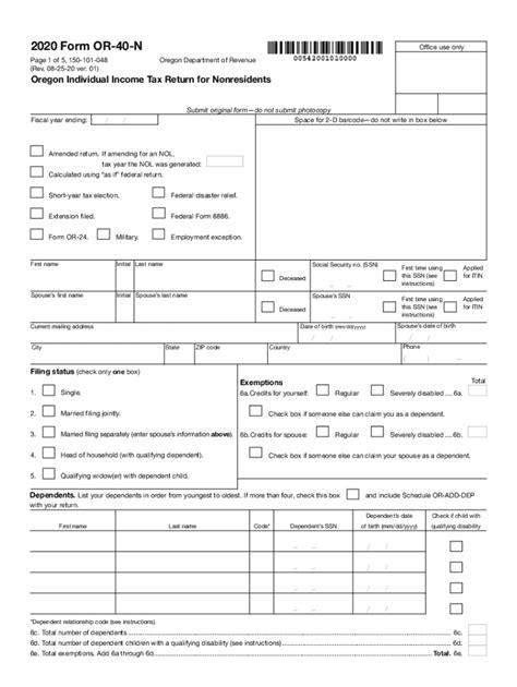 Fillable Form 40n Oregon Individual Tax Return Nonresident