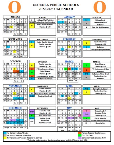 osceola public school calendar 2022-23