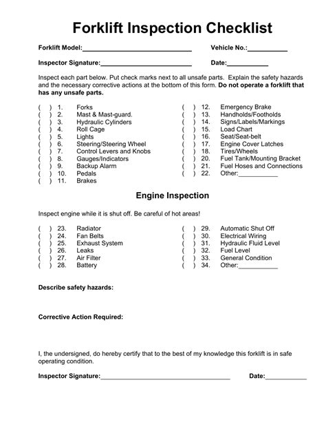 osha daily forklift inspection checklist template
