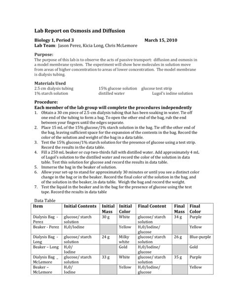 Osmosis And Diffusion Lab Report