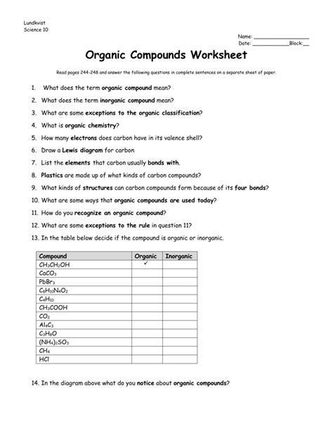 other organic compounds worksheet answers