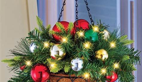 Outdoor Christmas Decorations Hanging Baskets Lighted Ornament Basket Arrangement With Hook And