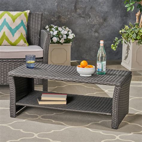 Brolin Outdoor Wicker Coffee Table with Light Brown Wood Finished Metal