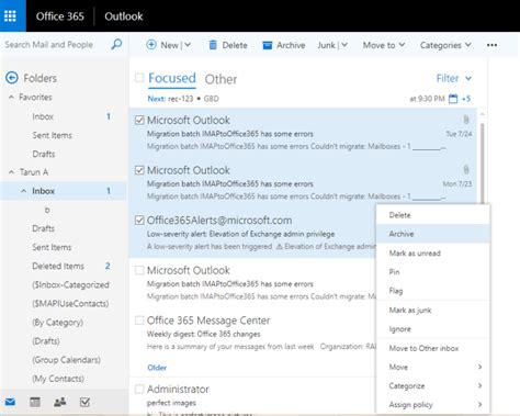 outlook 365 archive emails