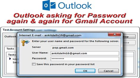 outlook asking for password again and again for gmail