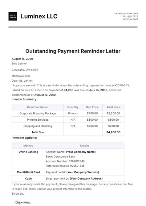 Outstanding Payment Reminder Email Format