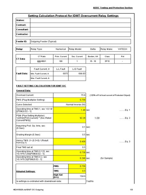 Overcurrent Relay Setting Calculation Example Pdf