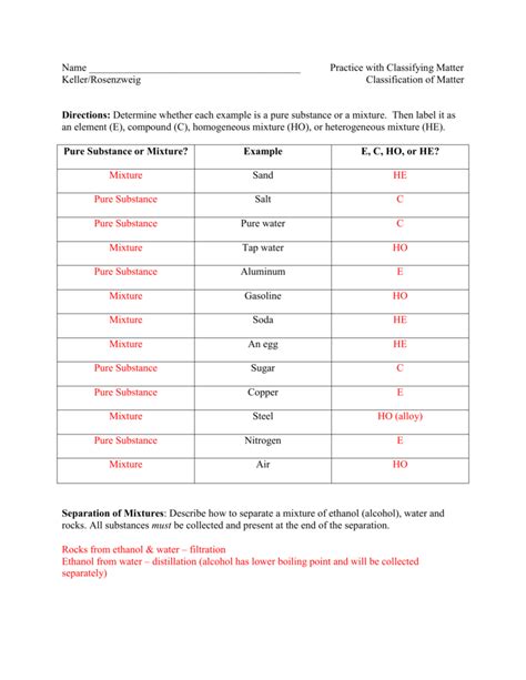 overview classification of matter worksheet answers