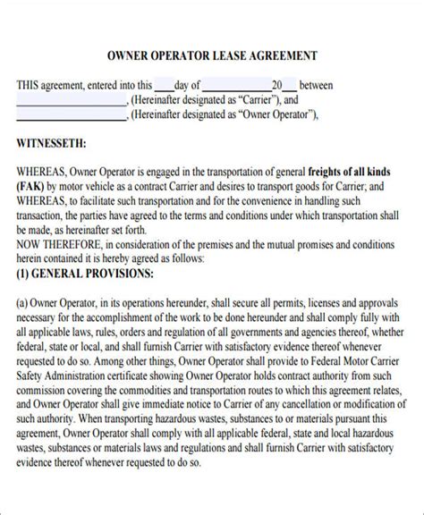 Owner Operator Lease Agreement Template