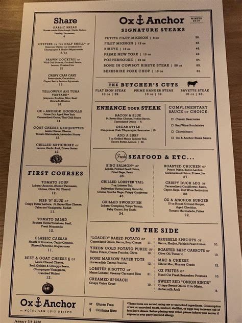Menu at Ox and Anchor steakhouse, San Luis Obispo