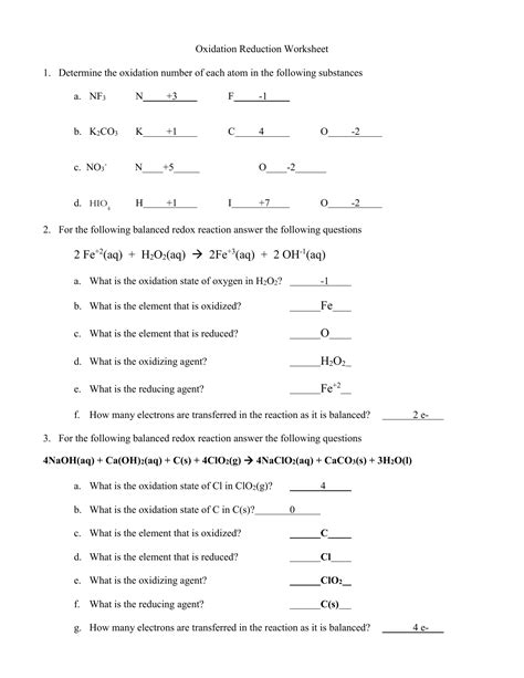 oxidation and reduction worksheet answer key