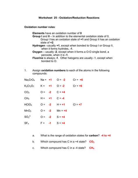 oxidation and reduction worksheet with answers pdf