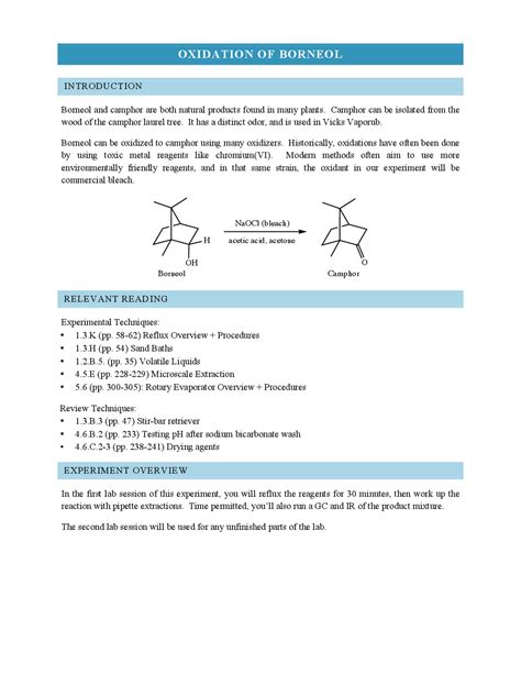 oxidation of borneol to camphor lab report