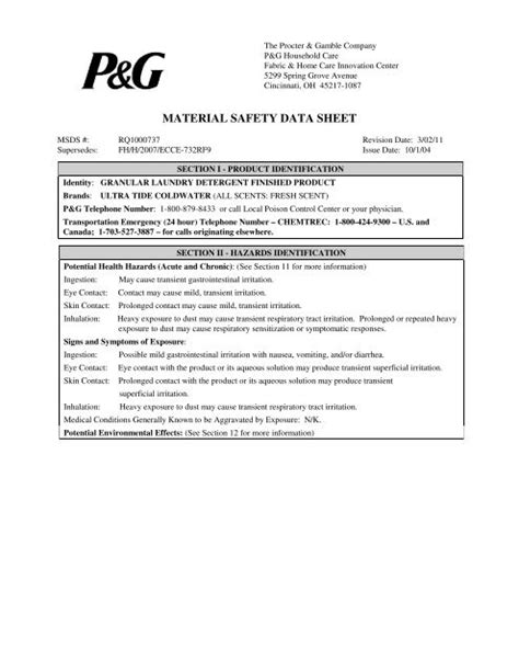P&G Safety Data Sheets
