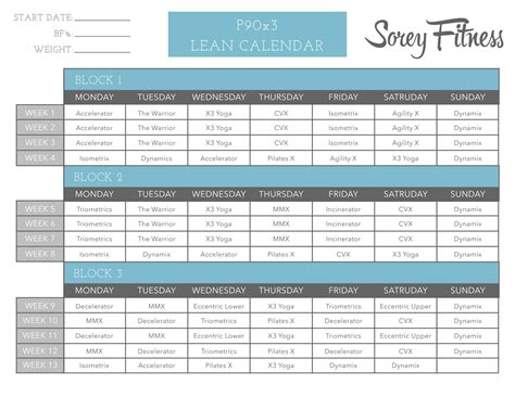 P90X3 Lean Schedule Printable