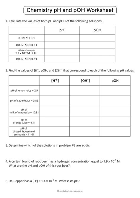 Ph And Poh Calculations Worksheet With Answers
