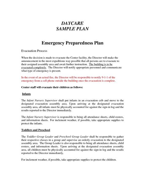 pa child care emergency plan template