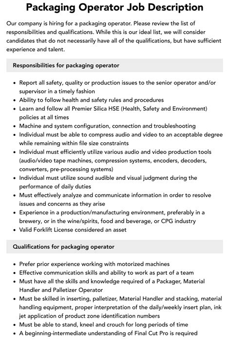 Packaging Machine Job Description