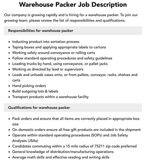 Packaging Warehouse Job Description