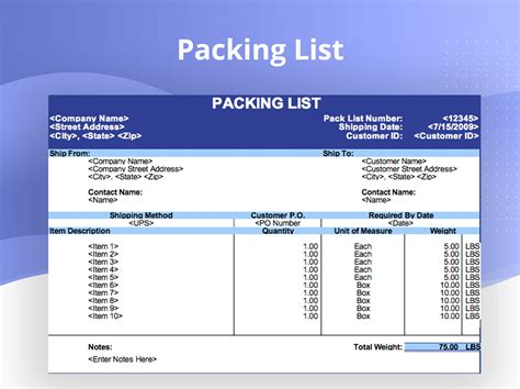 packing list example excel